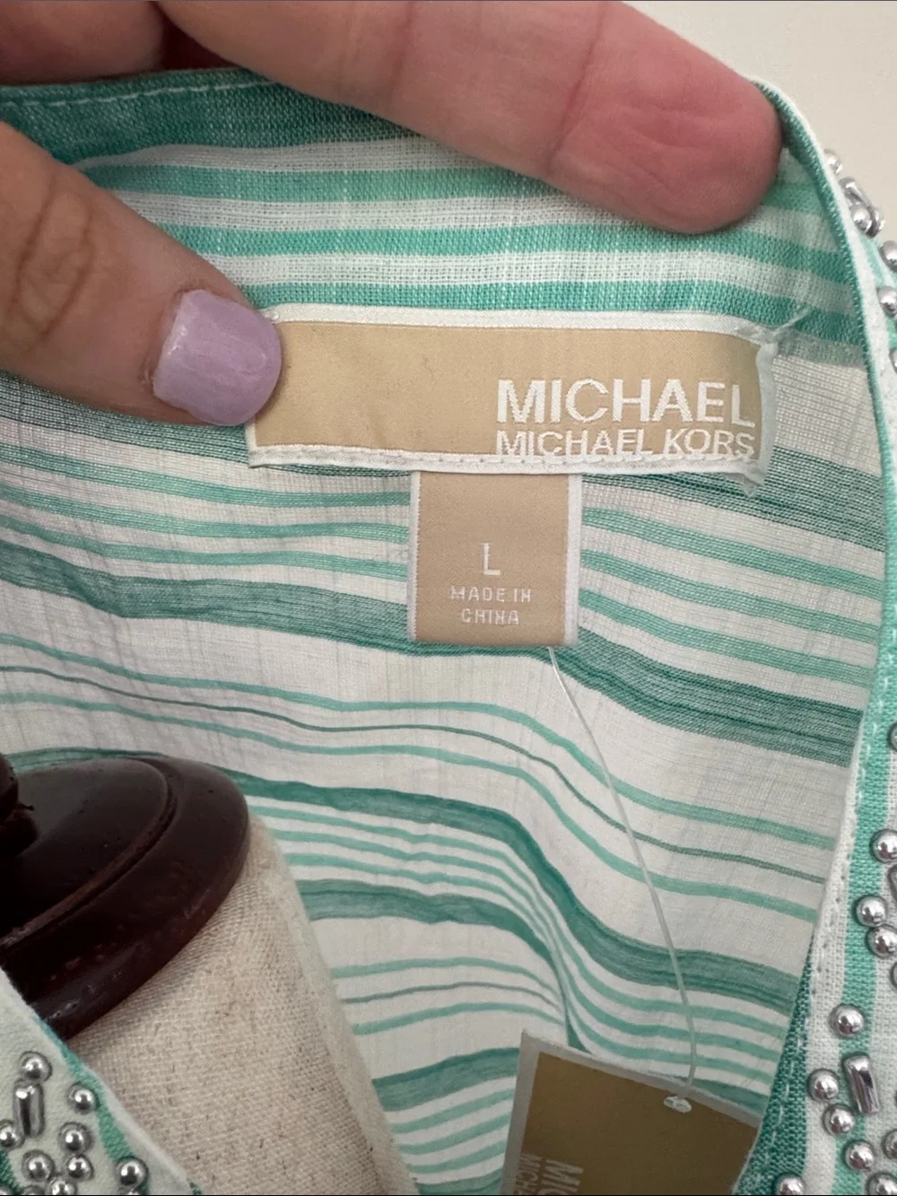 Michael Kors Mint and White Striped Embroidered Tunic
